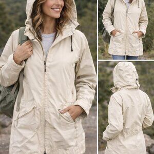 REI Women's M Lightweight Jacket Beige Hooded Windbreaker Rain Coat Outdoor Long